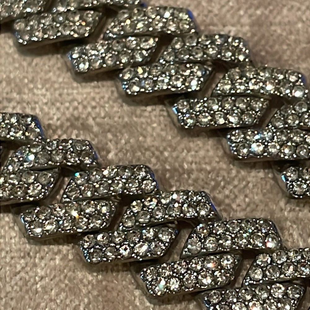 Vintage Silver Cuban Link Necklace Crystals Statement  18”